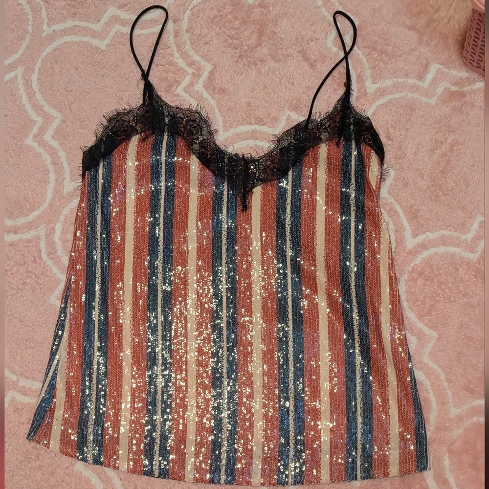 Zara Striped Sequin Lace-Trim Cami in Red, Blue, Beige XS